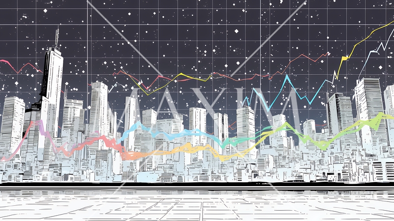 様々なチャートや数値表など様々な計量指標がランダムに空間に散りばめられた背景