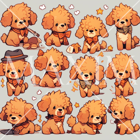 茶色のトイプードルのいろいろなポーズと表情