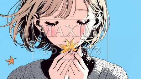 落ち葉をつまんで眺める若い女性｜秋を感じる女性のイラスト（イラストID:9795742-20490）
