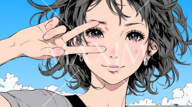 笑顔でピースサインを見せる若い女性