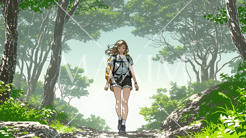 初夏の森でトレッキングを楽しむ若い女性｜新緑とアウトドアの爽やかなライフスタイル