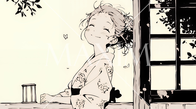 浴衣姿で夕涼みをしている若い女性（シンプルな色使い）