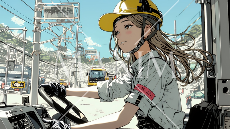 建設現場で重機を操作する若い女性