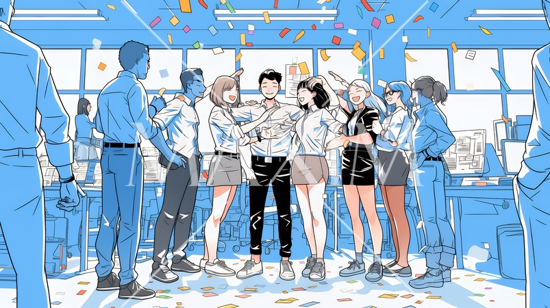 プロジェクト成功を喜ぶスタートアップチーム｜オフィスで大喜びするビジネスパーソン