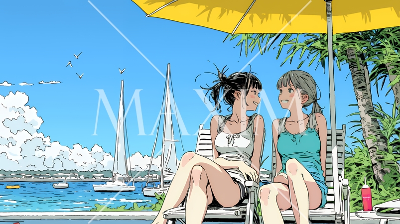 プールサイドのデッキチェアで談笑する女友達たち｜夏のリゾートで過ごすリラックスしたライフスタイルイメ