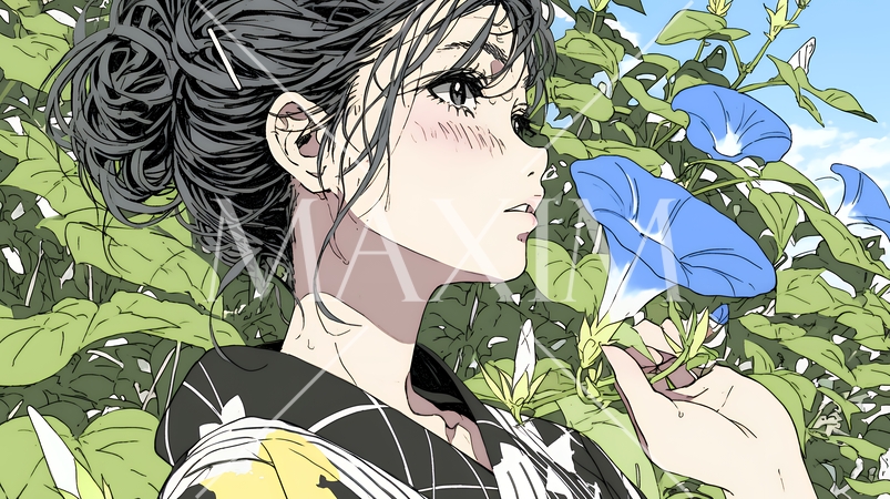 アサガオと浴衣姿の若い女性