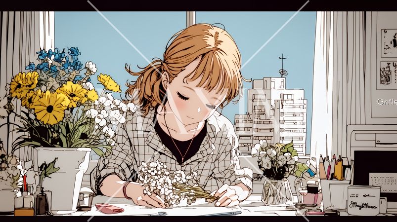 おもてなし（優しい心遣い）：来客のために花瓶に花を生ける若い女性