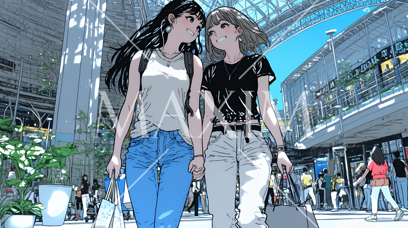 女友達と一緒にショッピングモールを歩き回る若い女性