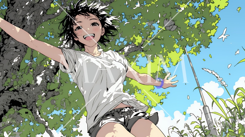 喜びにあふれ、軽やかにスキップする若い女性