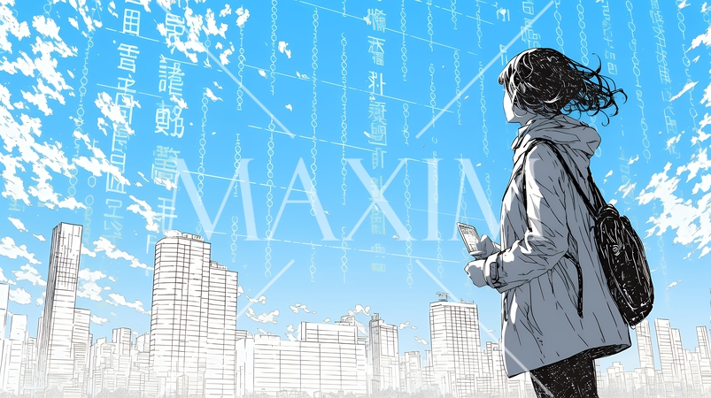 デジタルデータと日本人ビジネスウーマン｜AI・IT時代のテクノロジーイメージ（バイナリーコード）