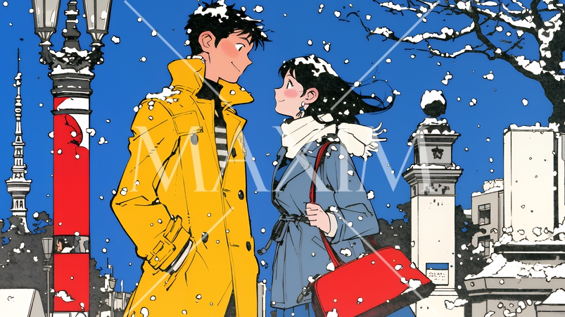 冬枯れ街をデートしている若い恋人たち