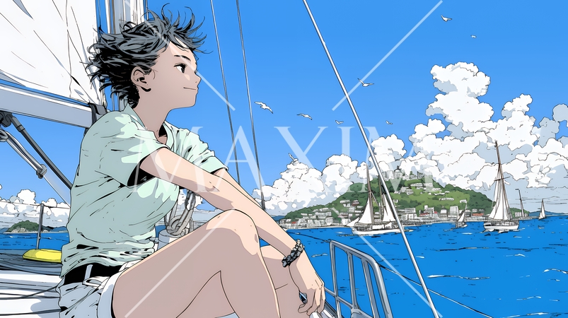 ヨットに乗っている若い女性