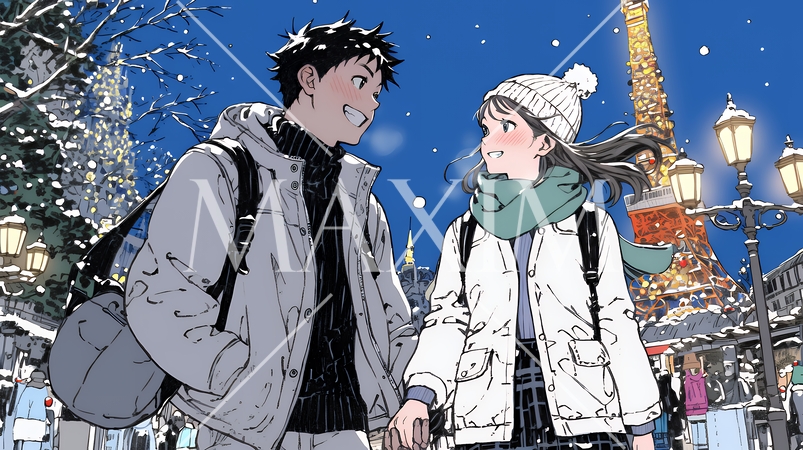 クリスマスのデートを楽しんでいる若いカップル