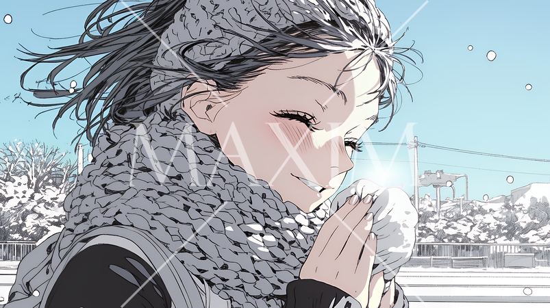 かじかんだ手に息を吹きかけて温めている若い女性