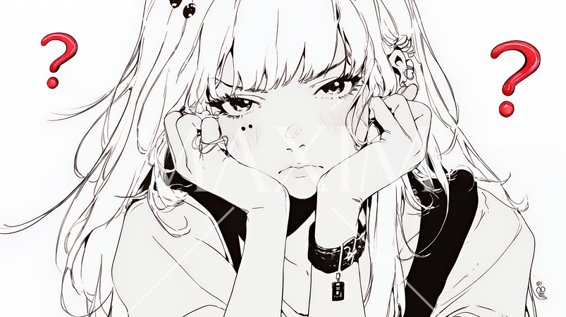 クエスチョンマークのある場面：頭の中にクエスチョンマークが生まれている（シンプルな色使い）