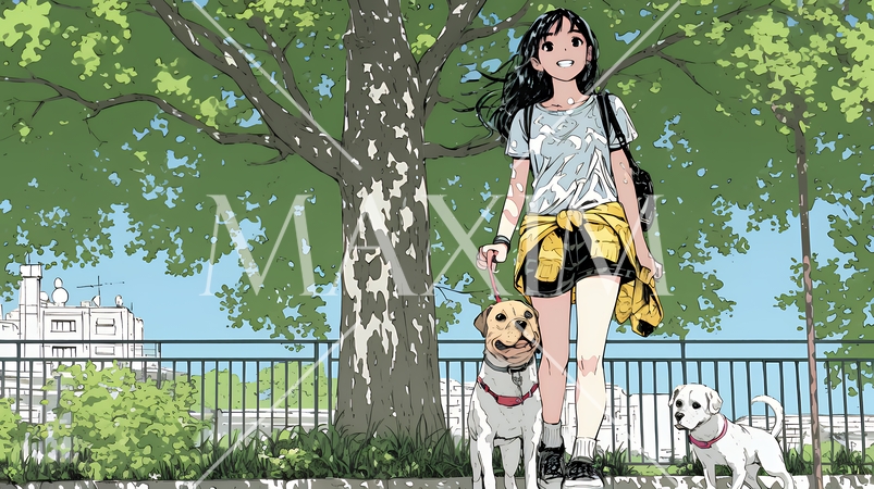 愛犬と散歩している若い女性