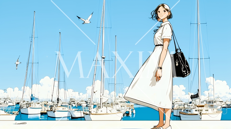 沖縄のヨットハーバーに立つ若い女性（シンプルな色使い）