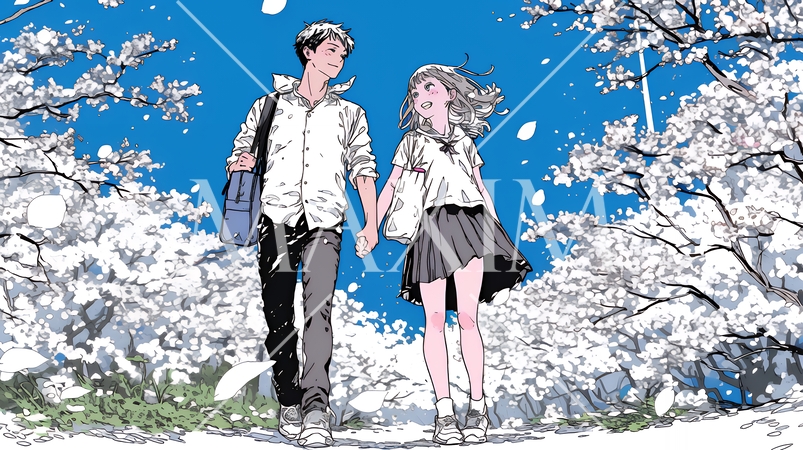 満開の桜の木の下でデートをしている若い男女のカップル