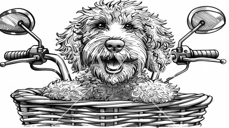 オートバイ（自転車）のかごに乗せられているトイプードル