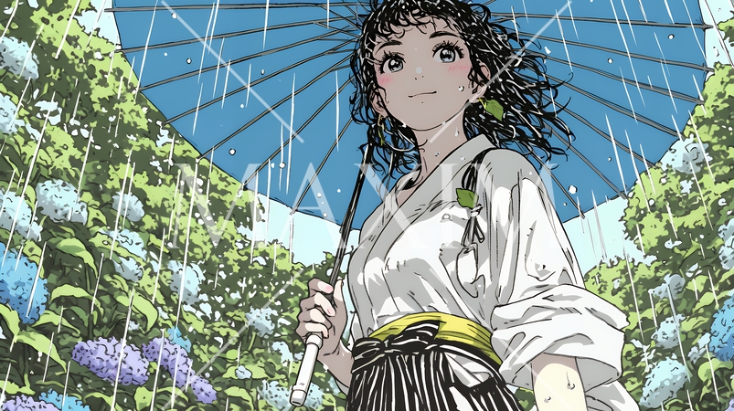 あじさいの小径を和服で歩く若い女性