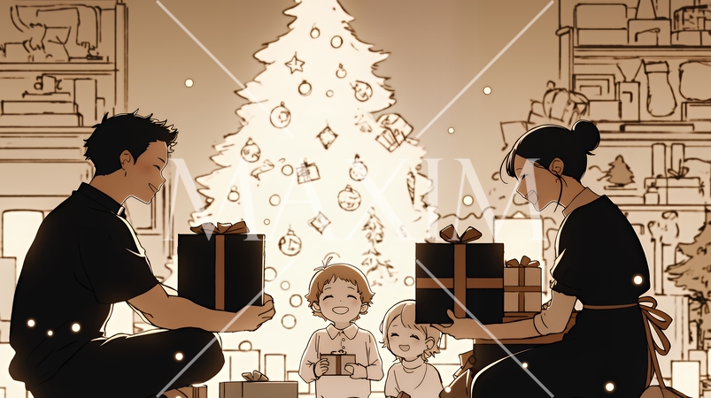 仲良し親子の楽しいクリスマス（シンプルな色使い）