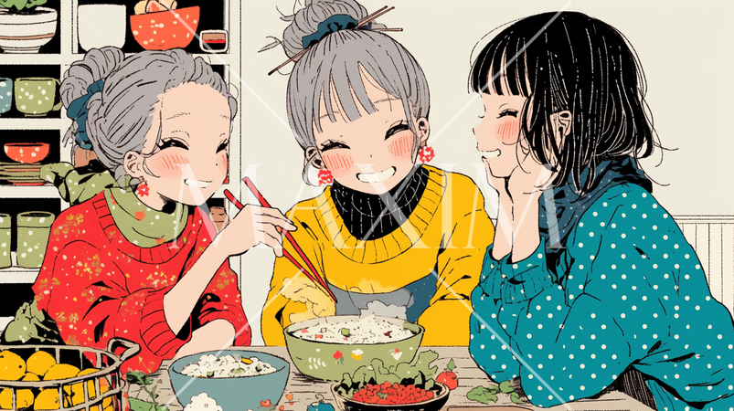 女子会：気の合う女友達が集まり、酒を交わし、おいしい食事をしながら、仕事の話や恋バナをしている