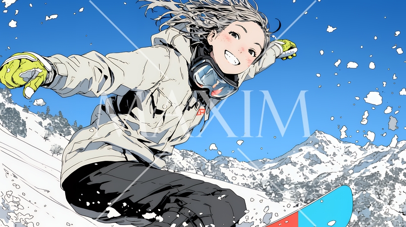 スノーボードを楽しんでいる若い女性