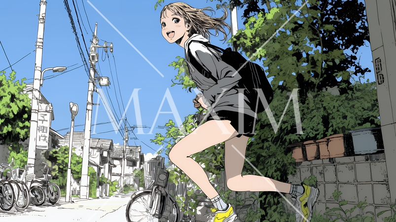 学校に遅れそうで道を急いでいる女子高生