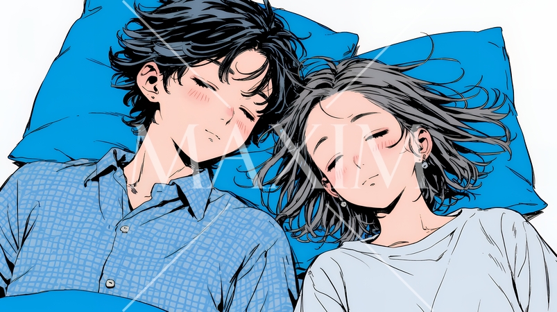 寄り添いながら穏やかに眠る若いカップル