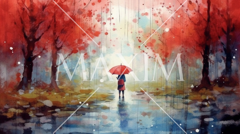 雨降りの公園を傘をさした若い女性が歩いている風景：　水彩画