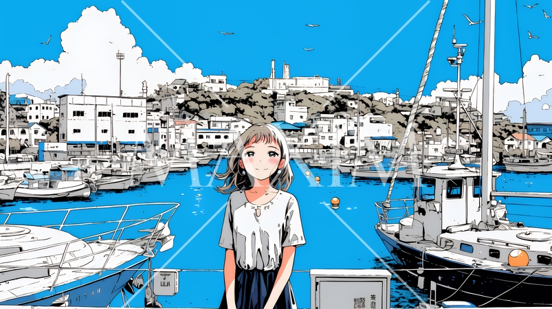 沖縄のヨットハーバーに立つ若い女性