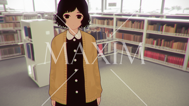 学校の図書館にいる制服を着た女学生