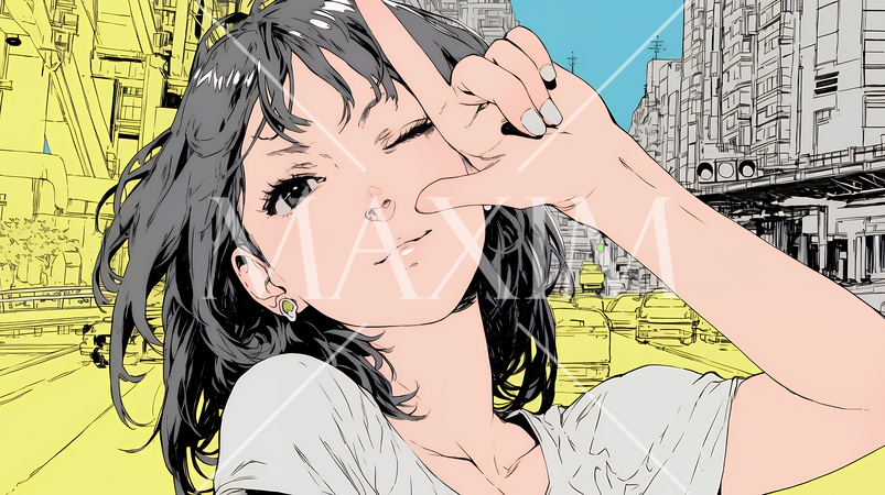 フィンガーガン（指でっぽう）を構えている若い女性