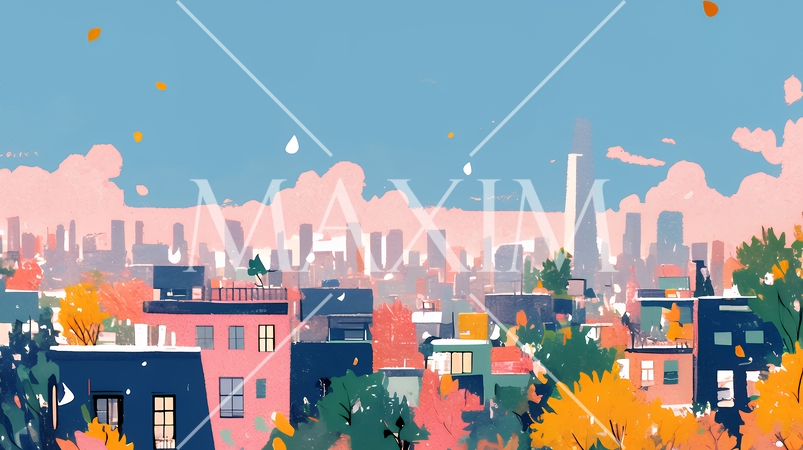 都市の町並みと青空（ポップでキュートな色使い）