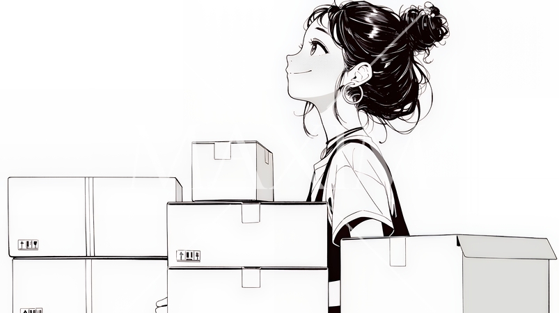 引っ越しの荷造り・荷解きをしている若い女性（シンプルな色使い）