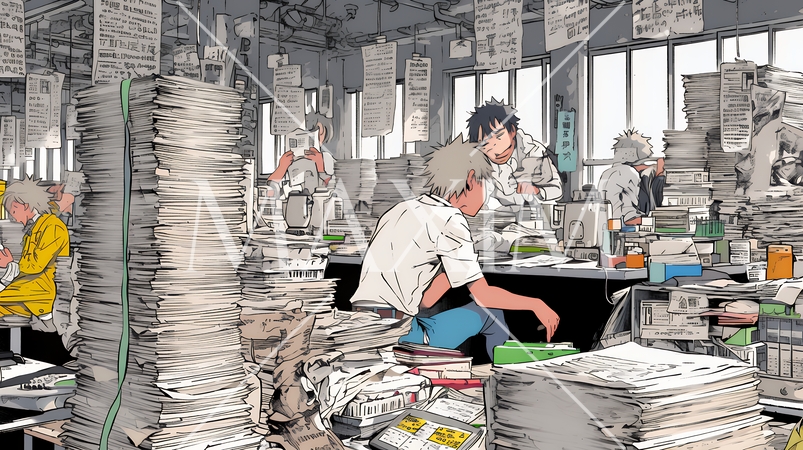 期日には間に合いそうもない書類の山と格闘中のビジネスパーソン達