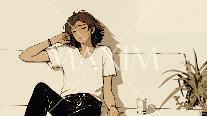 腹痛（生理痛）に苦しむ若い女性（シンプルな色使い）