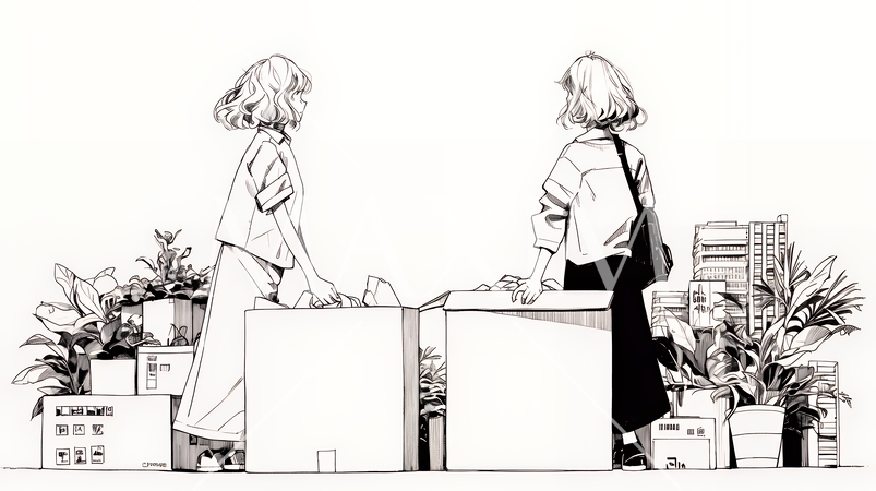 引っ越しの荷造り・荷解きをしている若い女性（シンプルな色使い）