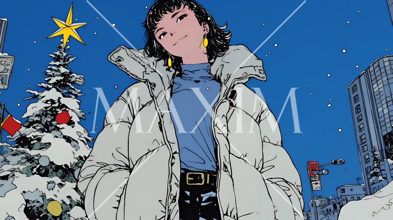 クリスマスイルミネーションが美しい街を散策する若い女性