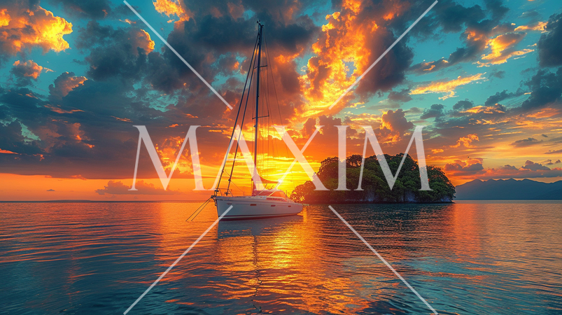 南洋の孤島とヨットと夕日：精緻CG