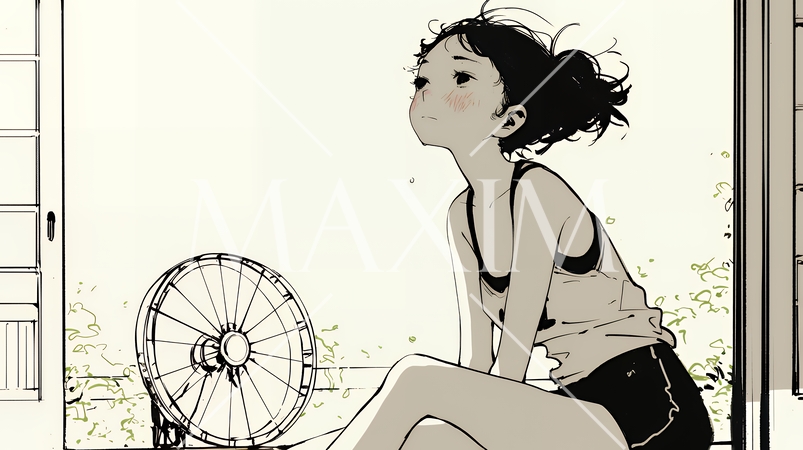 暑い夏の昼下がり、扇風機にあたって涼んでいる若い女性（シンプルな色使い）
