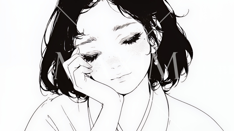 ため息をつく若い女性（シンプルな色使い）