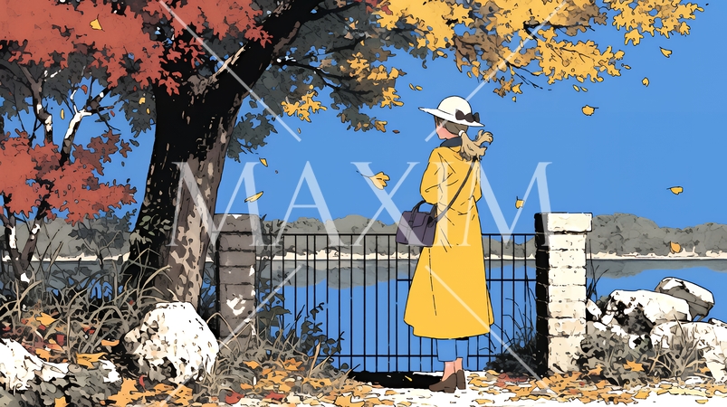 水辺の紅葉の小径を散策している若い女性