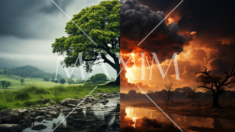 聞いて極楽見て地獄：極楽と地獄、極端な対比。巨大な樹木「バオバブ」と「核爆発のキノコ雲」の対比で。