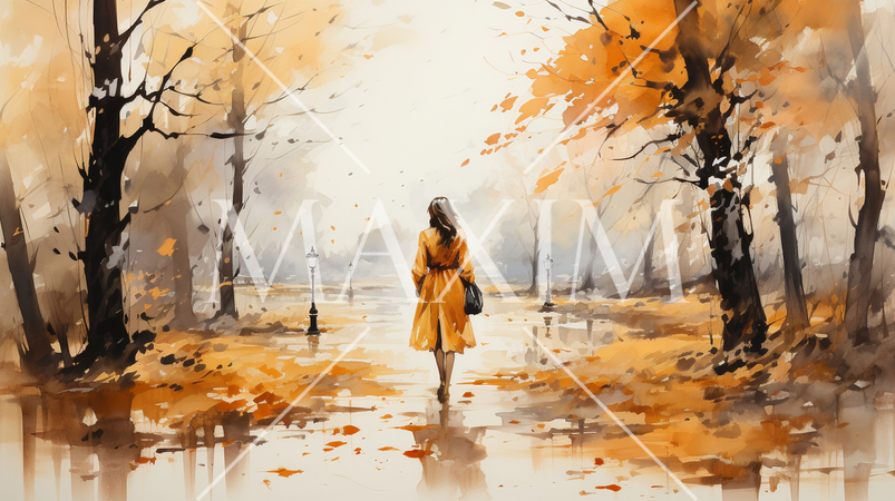 若い女性がいる秋の公園：木々が色づいている水彩画