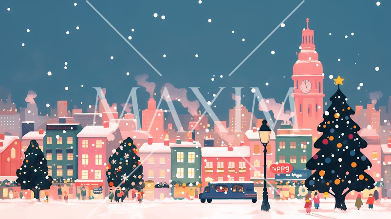 イルミネーションが彩るホワイトクリスマスの都会（ポップでキュートな表現）