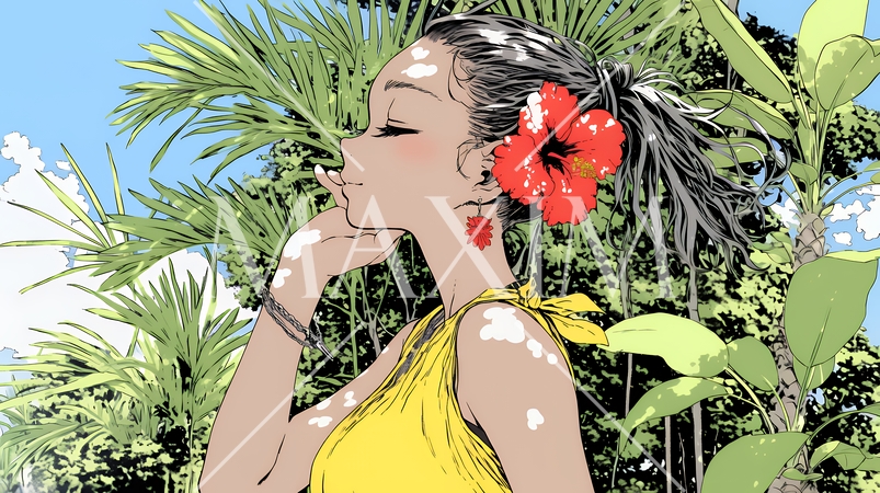 ハイビスカスと若い女性