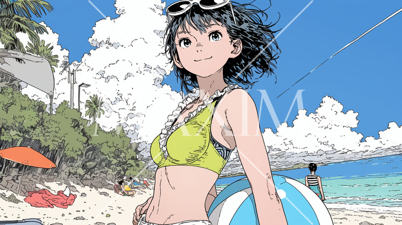 南国の海岸にビキニ姿でいる若い女性