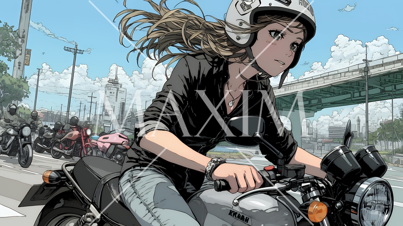 バイクに乗っている若い女性