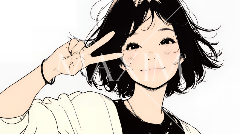 笑顔でピースサインを見せる若い女性（シンプルな色使い）